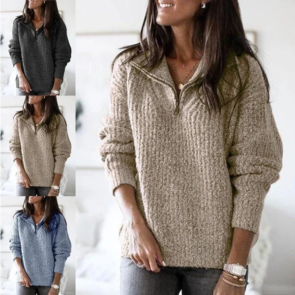 

Women's New Fashion Zipper Autumn And Winter Pullover Sweater Long Sleeved Tops Warm Coat Plus Size Sweater