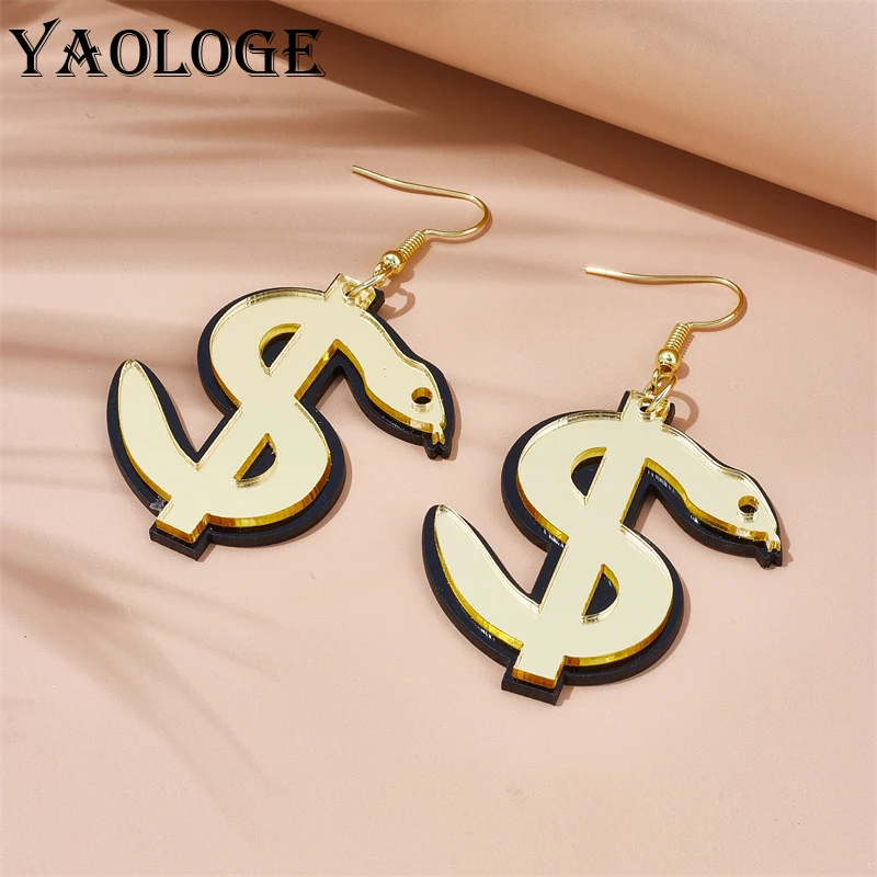 

YAOLOGE Acrylic Exaggerated Dollar Sign Snake Drop Earrings For Women New Cartoon Creative Girls Mirror Ear Hook Jewelry Gifts