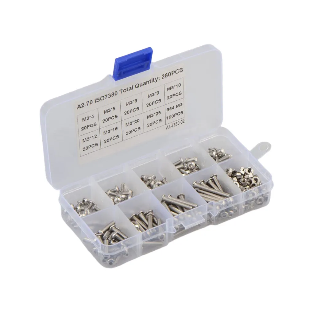 

280 Pieces Nut Washer Machine Screws Firm Structure Replaced Part Storage Box Multipurpose Household Accessories Multiple Sizes