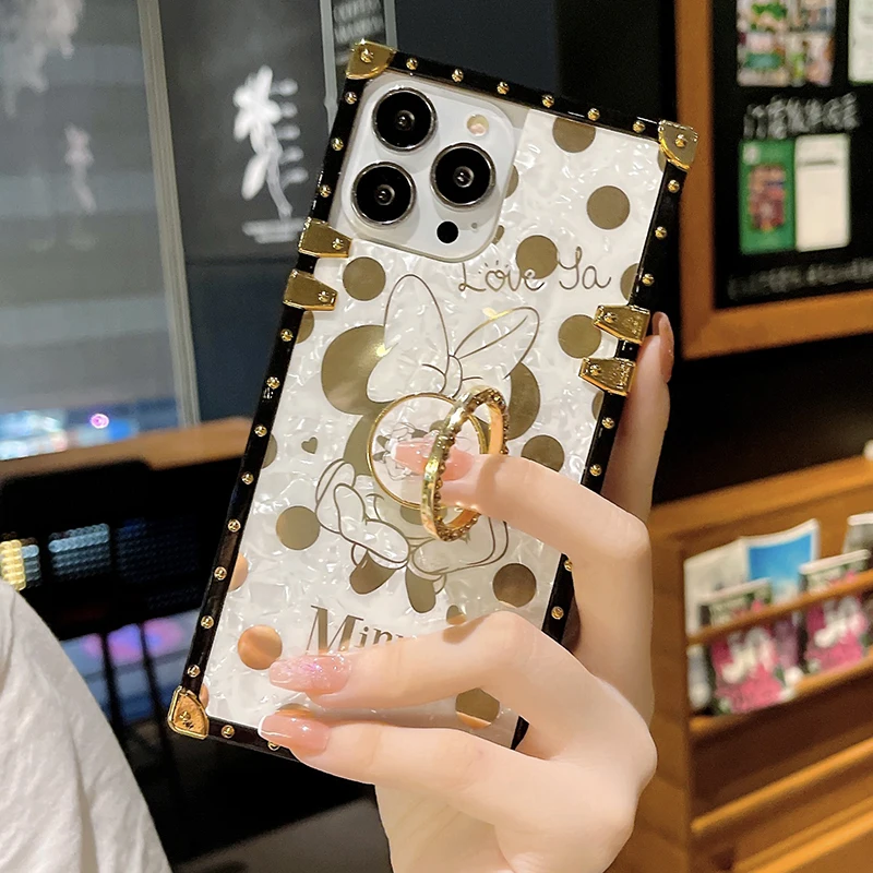 

Cartoon Mickey Minnie Bronzing Shell Pattern Soft Cover For iPhone 14 13 12 11 Pro Max X XS 7 8 Plus Mobile Phone Case With Ring