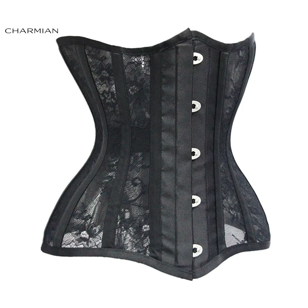 Charmian Retro Sexy Underbust Corset See-through Mesh and Lace Steel Boned Corsets and Bustiers Body Shaper Waist Trainer Waspie