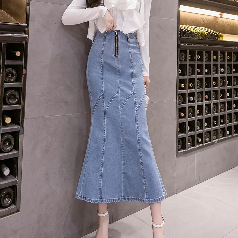 

Women Fishtail High Stretch Zipper Hip Slim Midi Long Jean Skirts All-match Lady Mermaid Elegant Temperament Denim Skirt Spring