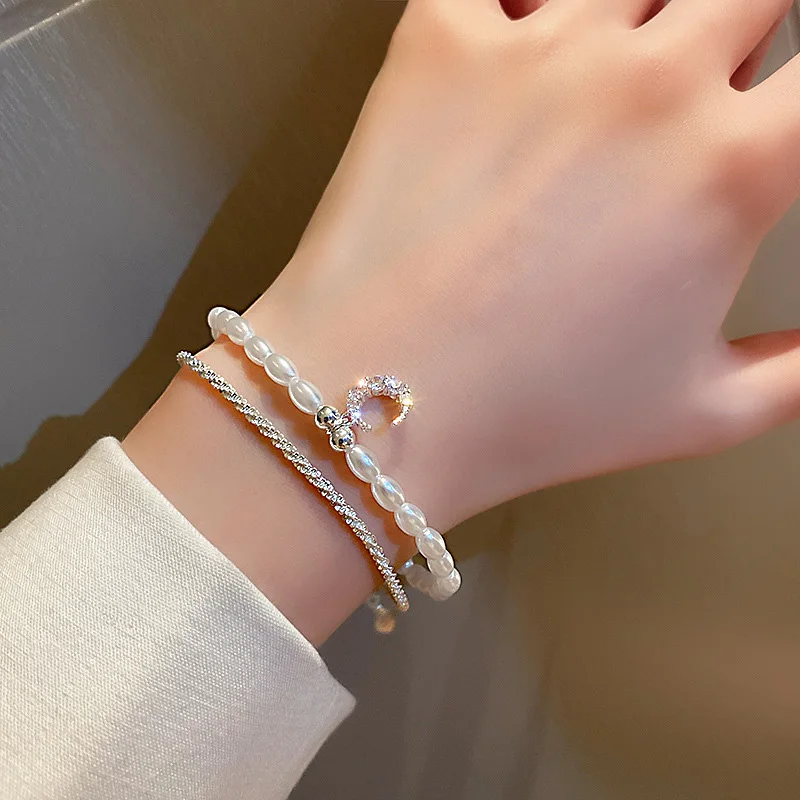 Shiny Silver Moon Zircon Bracelets for Women Natural Freshwater Pearl Bracelet 2 Layers Korea Wedding Luxury Bangle Jewelry Gift |
