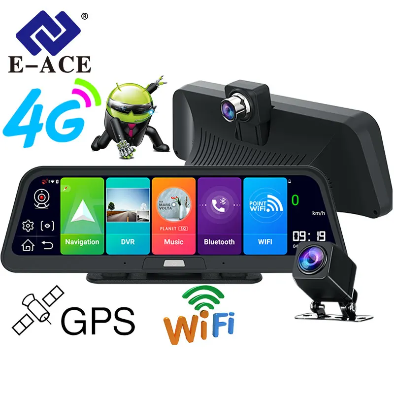 E-ACE Автомобильный видеорегистратор 4G 10 дюймов Android 8.1 GPS навигация FHD 1080P авто камера видео рекордер ADAS удаленный монитор видеорегистратор