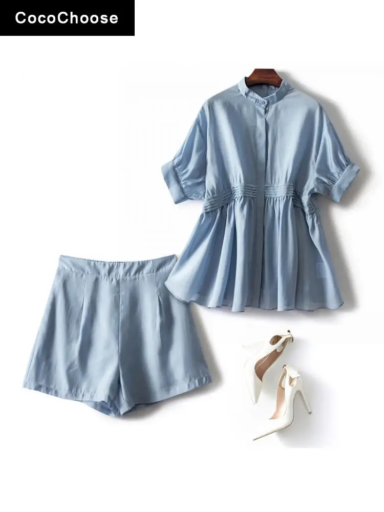 

Fashion Summer 2 Piece Short Set Women 2022 Blue Bat Sleeve Shirts Loose Top And Pants Suit Business Casual Outfits Korean Style