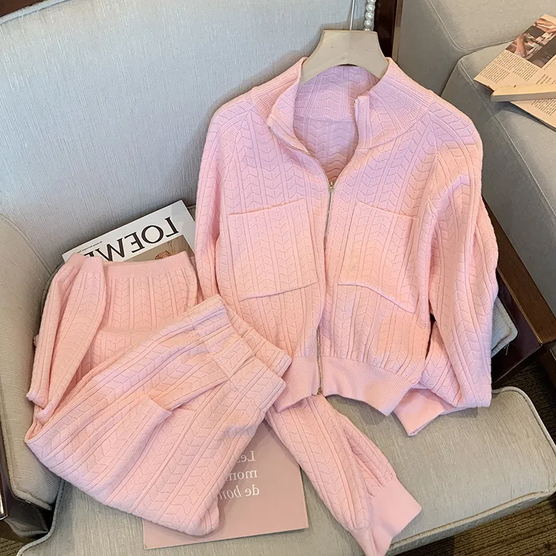 

Autumn Fashion Women Pink Knitted Suits 2022 Korean Stand Collar Long Sleeve Coat Tops+Wide Leg Pants New Casual Sports Sets