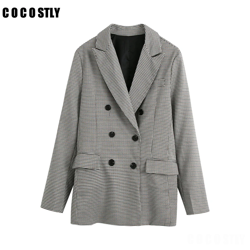 

Женский двубортный блейзер в клетку, винтажный офисный блейзер с карманами, повседневная верхняя одежда, костюмы, пальто, топы на осень
