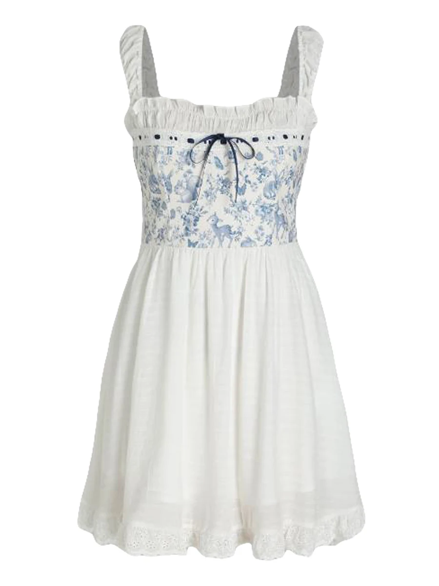 

Женское летнее платье-комбинация на бретельках, без рукавов, с квадратным вырезом, с кружевом и цветочным рисунком, в стиле пэчворк, с открытыми плечами, повседневное женское пляжное платье (белый цвет L)