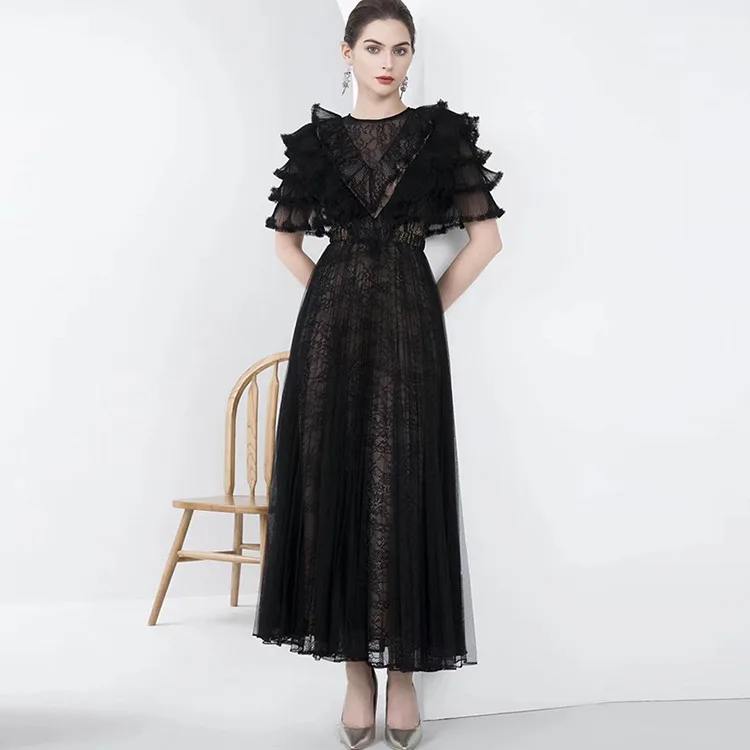 

High Quality 2022 Early Spring Designer Women's Retro Elegant Solid Color Lace Stitching Puff Sleeve Party Dress