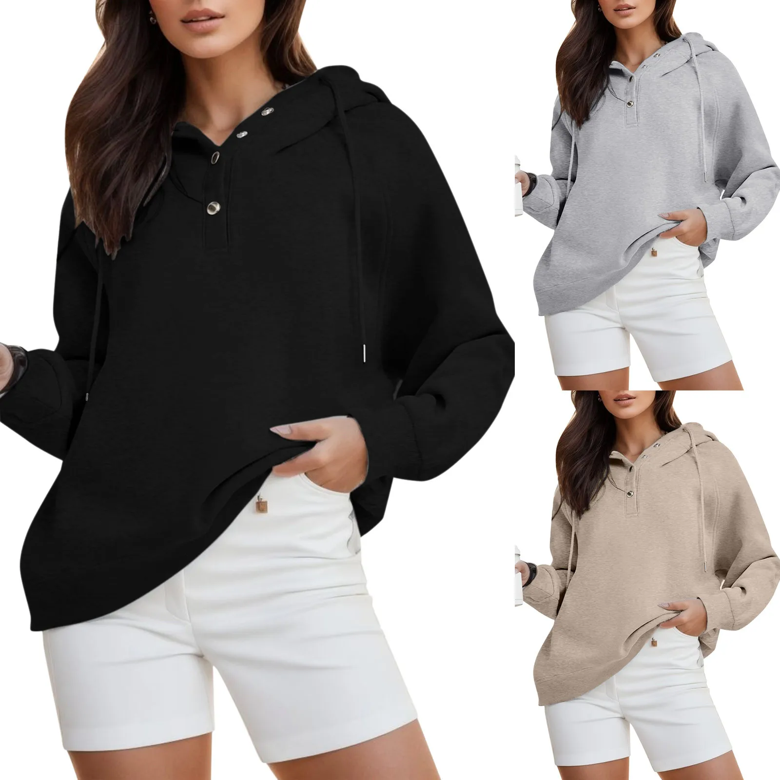 

Womens 2023 Hooded Button Collar Drawstring Hoodies Pullover Sweatshirts Casual Long Color Zipper Slim Sweatshirt Women's Hoodie