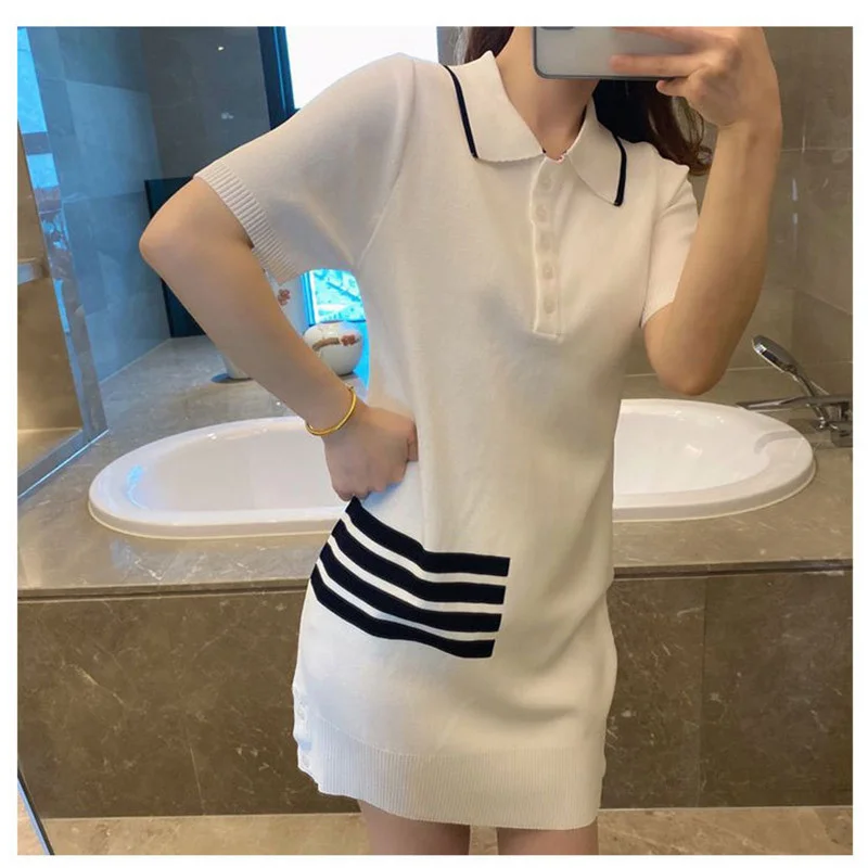 

TB dress women's summer Polo collar short-sleeved college style four-bar slim-fit display package hip knitted short skirt tide