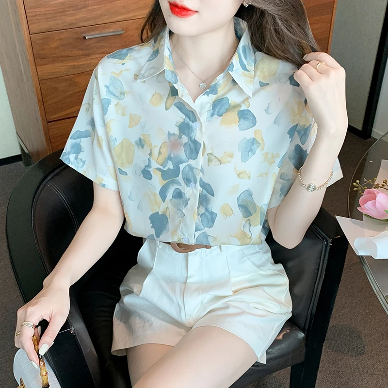 

Летняя женская шифоновая блузка с лацканами, женские рубашки, топ, блузка с коротким рукавом, женские блузы, модная женская блузка 2022, свобод...