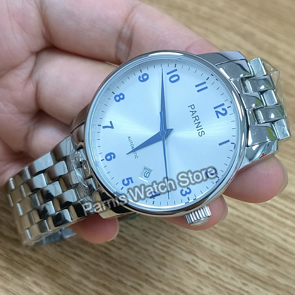 Автоматический белый циферблат Parnis 38 мм Miyota821A голубые знаки мужской