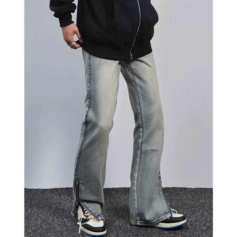 Streetwear Men Open Leg Zipper Jeans Straight Cylinder Loose Street Trousers Autumn Female Fashion Temperament Micro Flare Pants