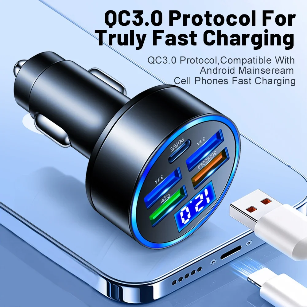 5 портов 150 Вт USB Автомобильное зарядное устройство Быстрая зарядка PD QC3.0 C для