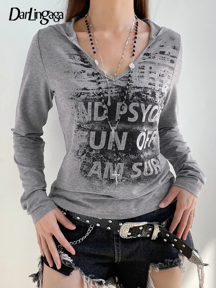 

Darlingaga Grunge Distressed Letter Printed Hooded T-shirt Female Casual Basic Y2K Sweats Tops Goth Autumn Tee Shirt Basic 2000s