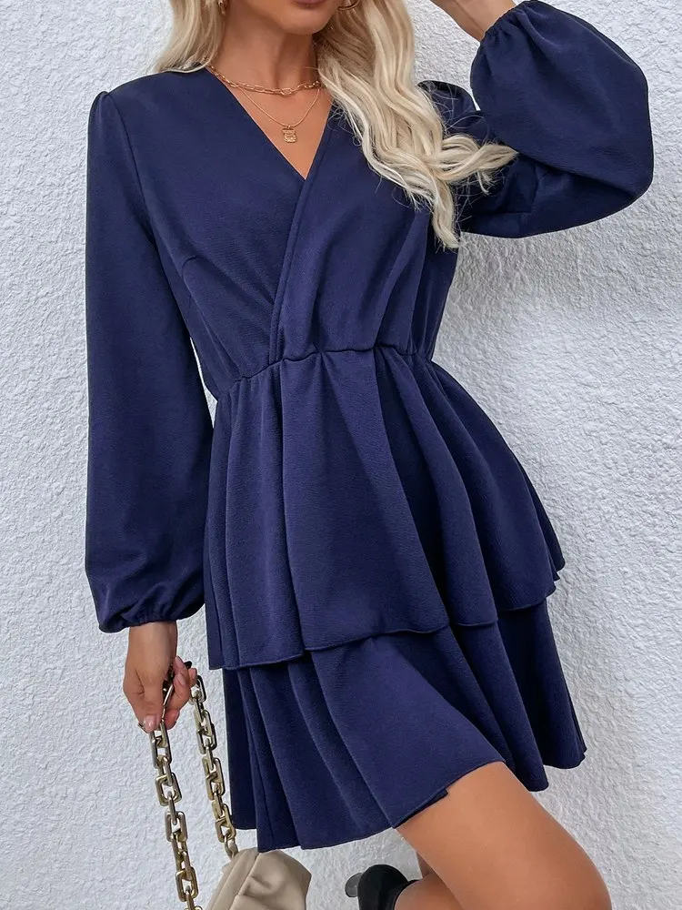 

2022 Fall New Women's V Neck Solid Color Long Sleeve A Line Causal Long Dress For Ladies Elegant High Waist Fashion Chic Dress