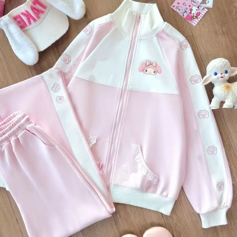 Фото Комплект Sanrio My Melody: толстовка и брюки (2 предмета), милый студенческий стиль, японский преппи-стиль, повседневный комплект, кардиган, гимнастическая форма, топы и брюки №1