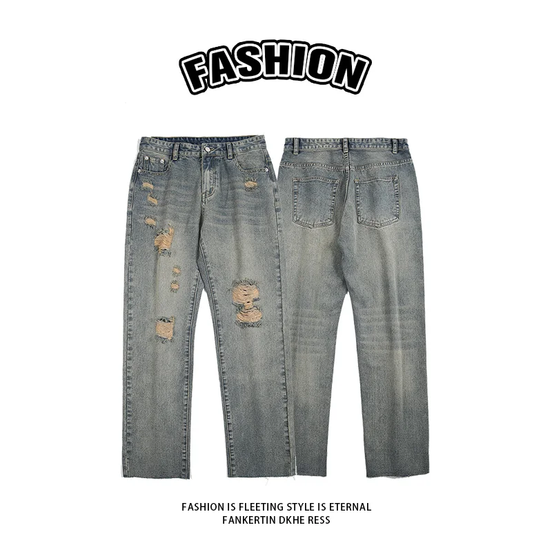 CAAYU 2022 New Baggy Jeans Mens Japanese Streetwear Harajuku Fashion Loose Straight Wide Leg Pants Male Clothing Blue Pants Men