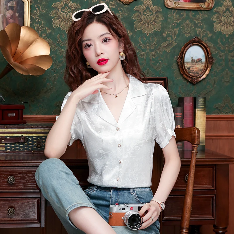 Летняя новая женская рубашка с коротким рукавом и английским воротником