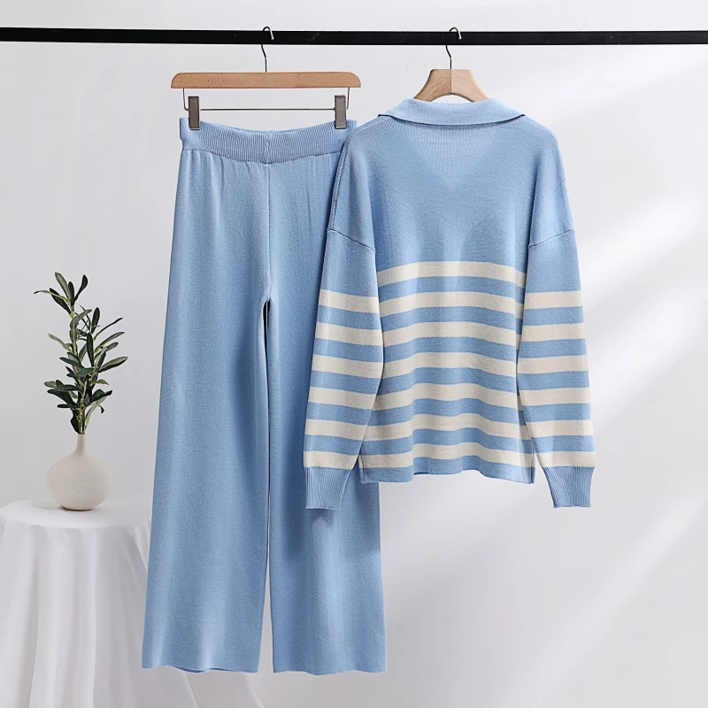 Женский Повседневный Вязаный Комплект Из Двух Предметов Свитер В Полоску И