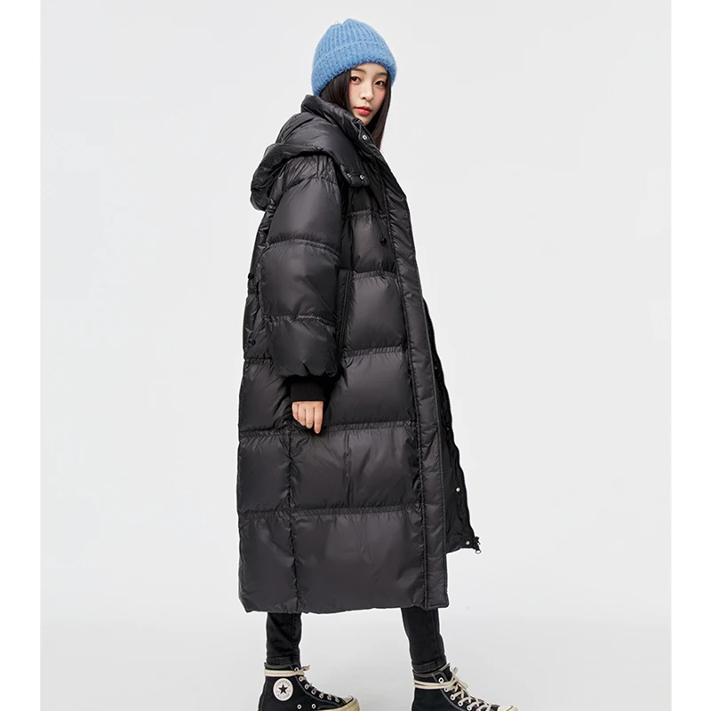 Women Down Parka Mid Length Black Jacket Baggy Winter Waterproof Warm Duck Feather Down Female Hooded Puffer Coat Bubble Outwear