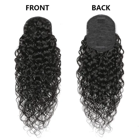 Волна воды на шнурке хвост 100% наращивание человеческих волос на клипсе в конский хвост для женщин Remy натуральный черный цвет