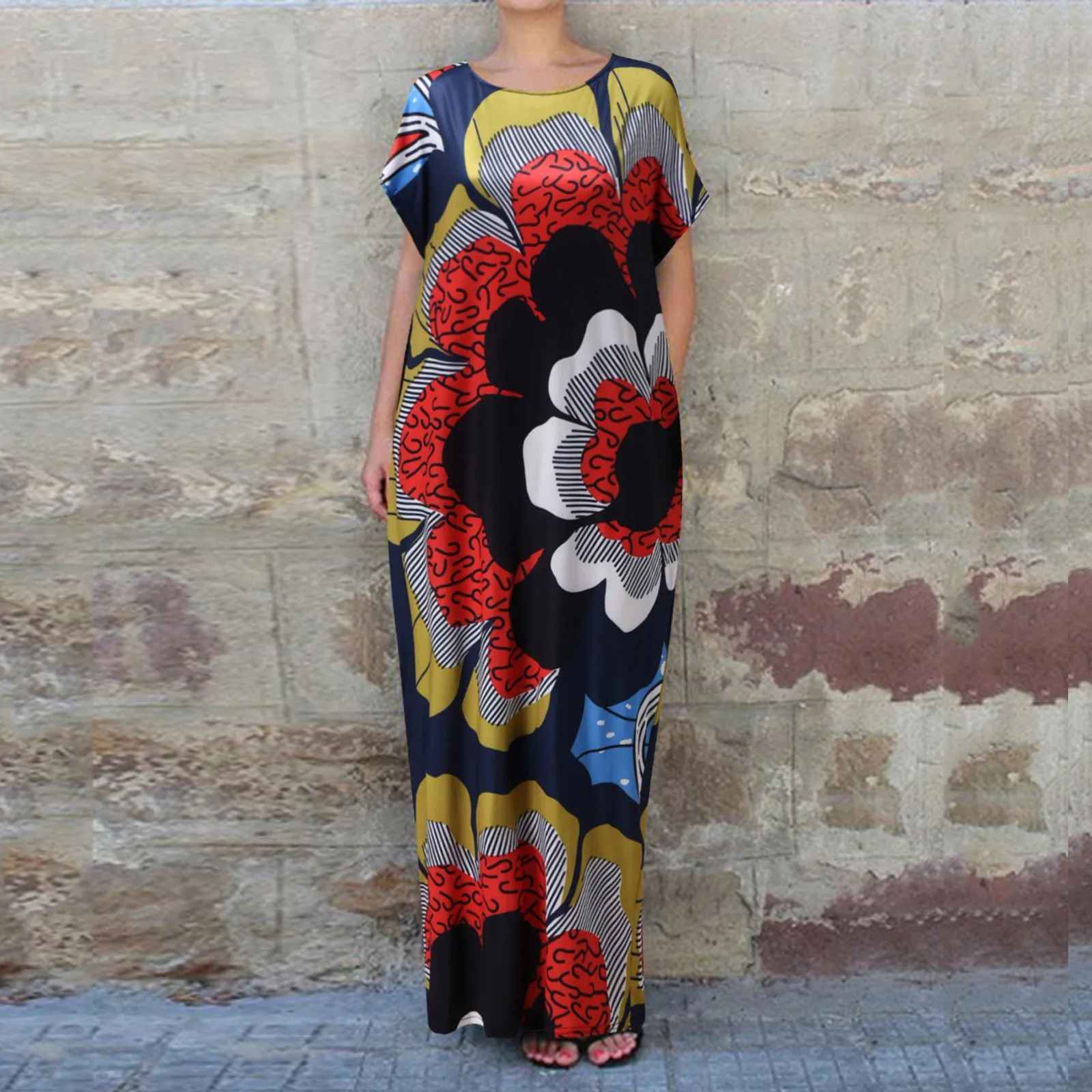 

Summer Maxi Dress For Women 2022 Vintage Boho Printed T Shirt Dress Retro O Neck Short Sleeve Casual Loose Dresses Female