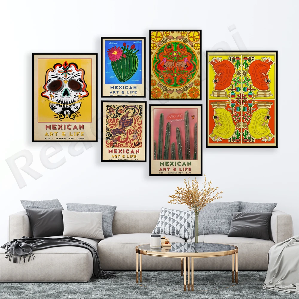 

Mexico exhibition poster, skull, animals, cactus, floral vintage wall art aesthetic decoration, latin art, mexican gift print