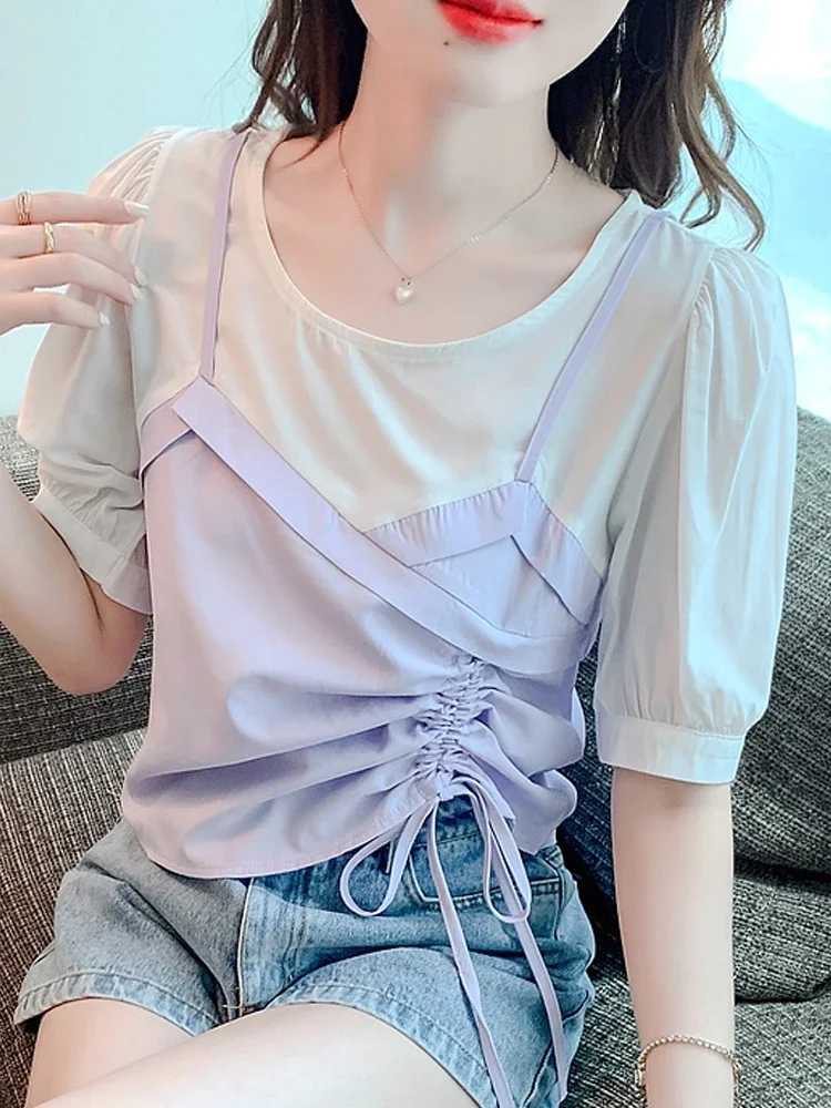 Блузка женская летняя с круглым вырезом и коротким рукавом G436