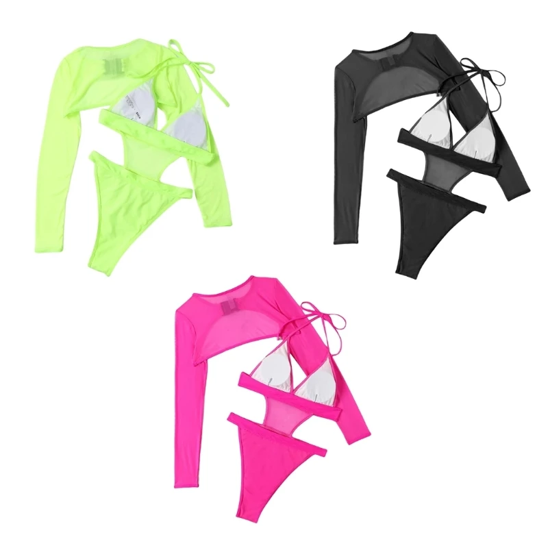 

Women Bodycon Sexy Cutout Swimsuits Two Pieces Rave Outfits One Piece Bathing Suit Mesh Shrug with Buckle for Clubwear Beachwear