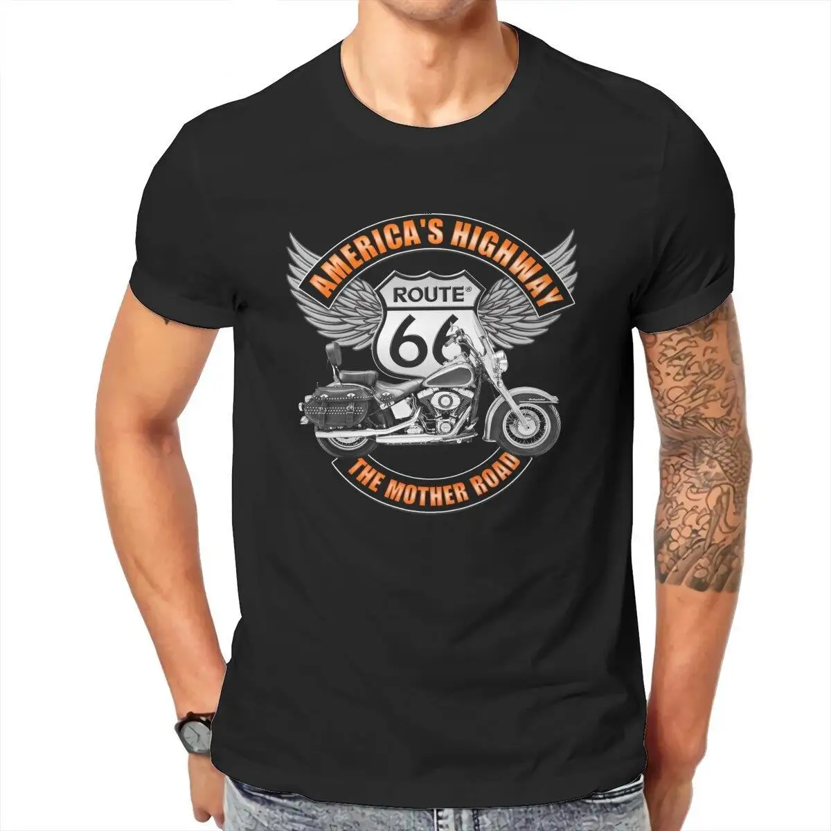 Americas Highway  T-Shirts Men Route 66 Motorcycles Vintage Pure Cotton Tee Shirt O Neck Short Sleeve T Shirts Plus Size Tops