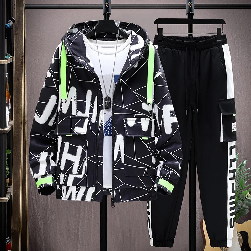 

Fashion 2023 Spring Autumn Casual Men's Hooded Jacket And Full-Length Pant Suit Outwear Top Youth 2 Pcs Sets Coat&Trousers