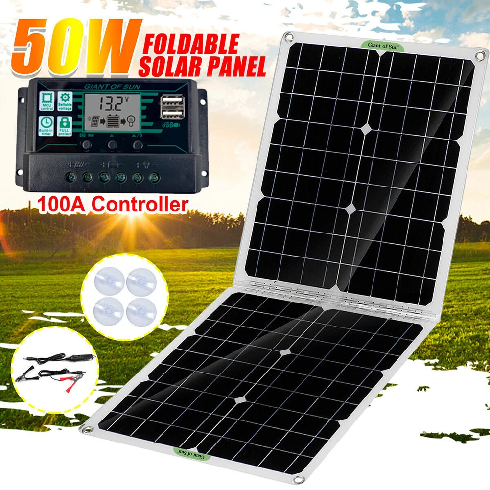 

50W 18V 12V 9V 5V Foldable Dual USB Output Device Solar Panel Portable Waterproof Outdoor Camping Camper Car Van Boat Power Batt