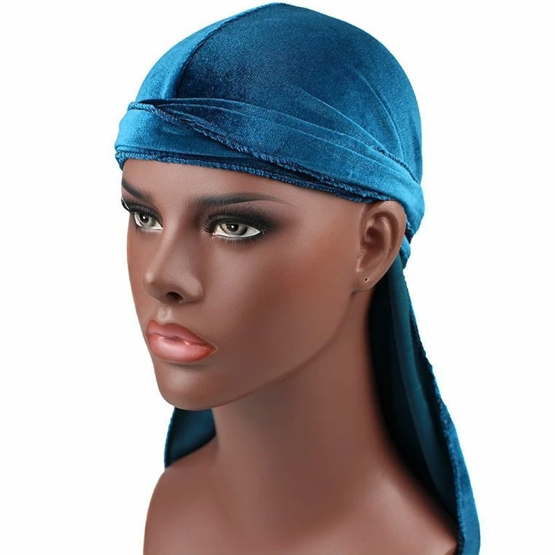 Фото Бандана Durags Мужская бархатная Длинная атласная тюрбан шляпы парики Doo Durag Biker головная повязка пиратская шляпа Мужские аксессуары для волос ... №3