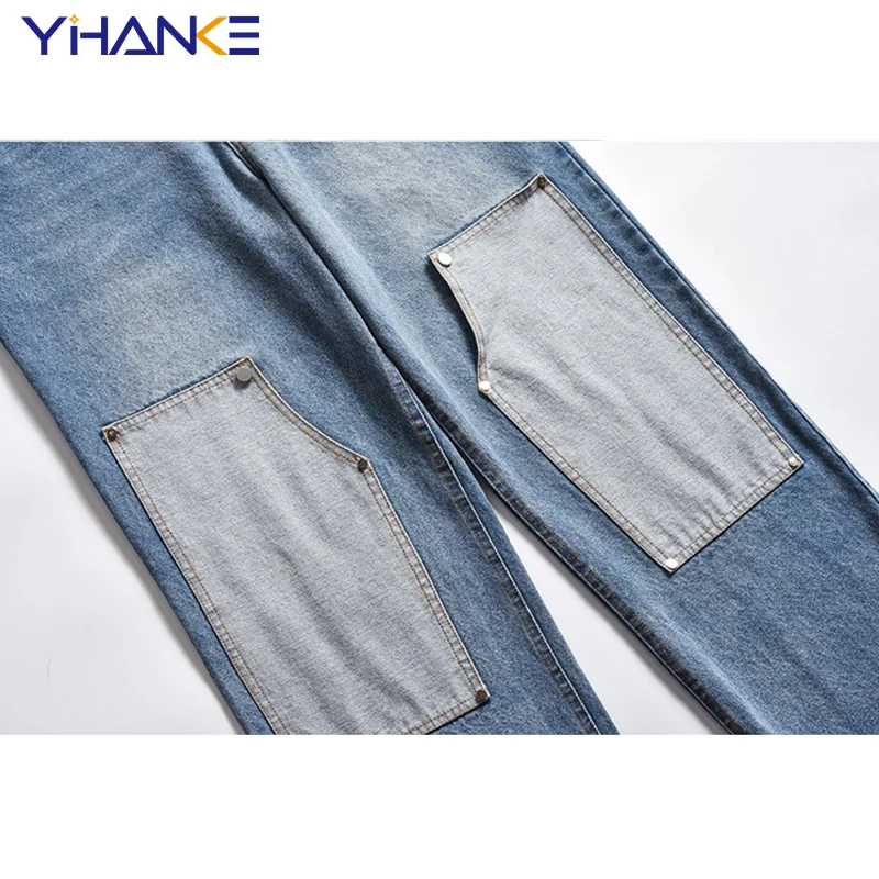 YIHANKE Colour Block Cargo Jeans Patchwork Jeans High Street  Vintage Jeans Men Distressed Baggy Jeans Top Quality Streetwear