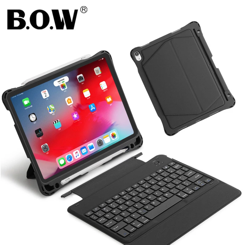 Тонкая клавиатура Bluetooth для iPad Pro 11 дюймов 2018 года с кожаным чехлом для тяжелой защиты и держателем для карандаша.