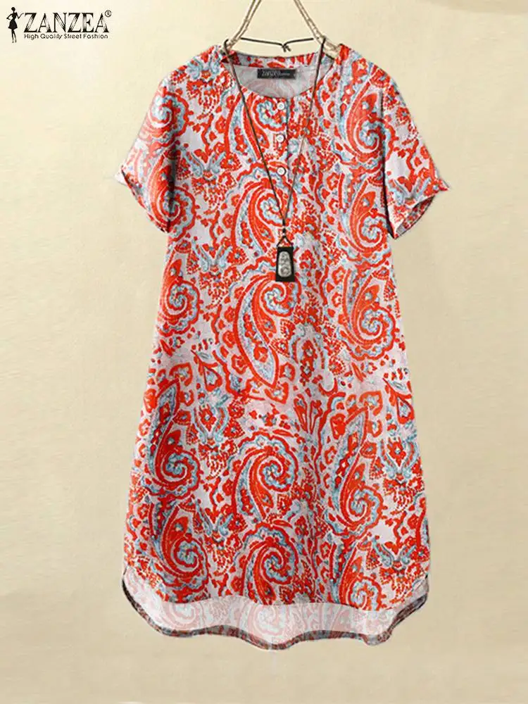 

ZANZEA Kaftan Round Neck Short Robes Pockets Paisley Print Women Short Sleeve Sundress 2023 Summer Casual Leisure Short Dress