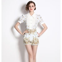 vintage print two piece sets womens elegant shirt collar puff sleeve lace patchwork shirt top mini shorts summer runway suits