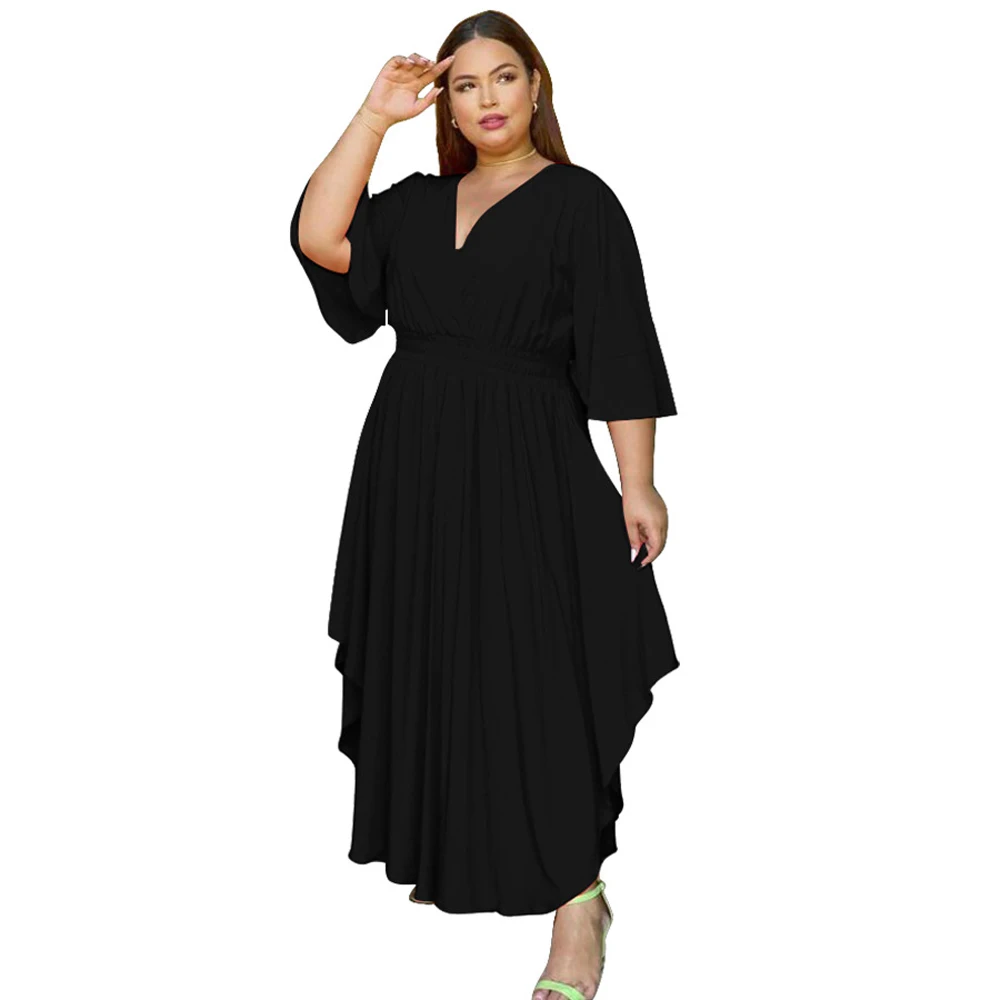 FS Solid V Neck Trumpet Half Sleeve Oversized Dress Hight Waist Plus Size Women Pleated Dresses Womens Spring Wear 2022