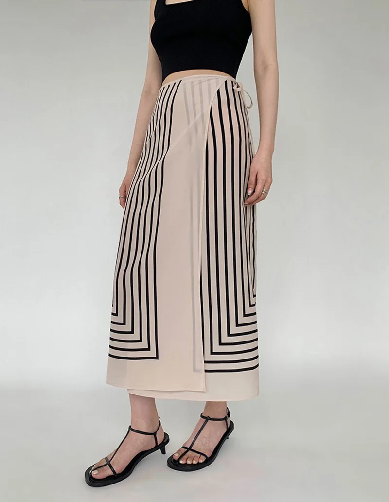 

100% Mulberry Silk Two Tone Striped Plaid One Piece Lace Up Wrap Skirt Summer 2022 New Trendy Sexy Ladies Clothing With Any Top