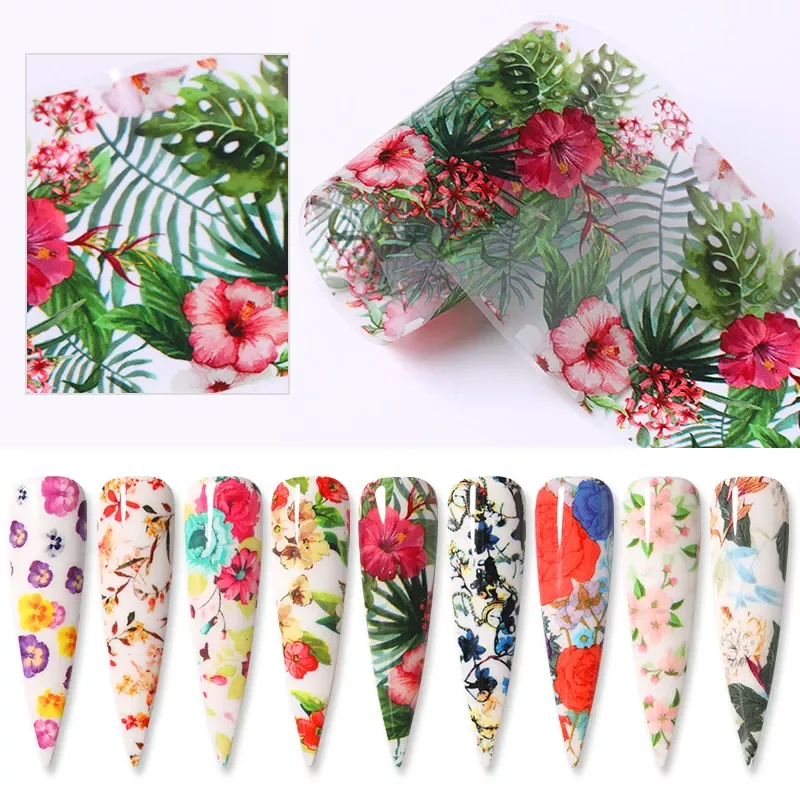 

10Pcs/Set Nail Foils Summer Tropical Flowers Leaves Transfer Stickers Leopard Snake Print Nail Art Stickers Manicures Wraps