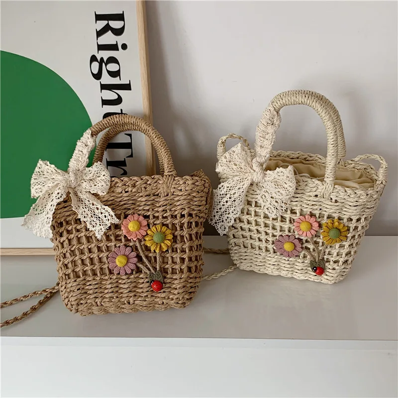 

Cute Flower Small Hand-woven Straw Bag Summer Hollow Out Handbag Girls Beach Vacation Travel Shoulder Crossbody Bag Female 2023