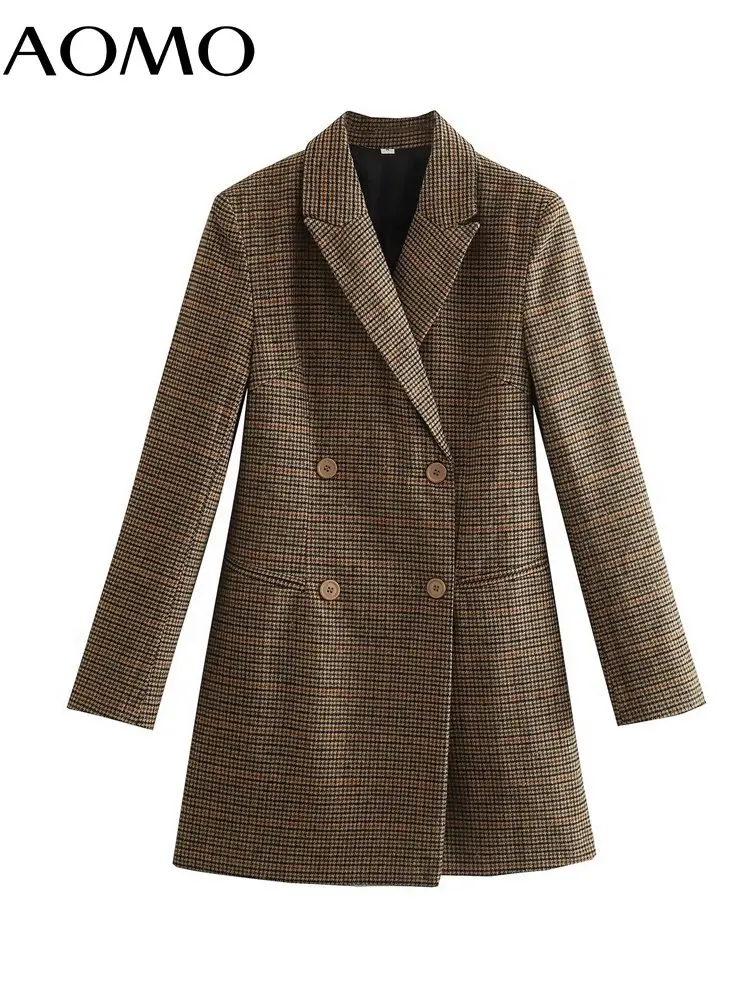 

AOMO Women 2022 Autumn Winter Plaid Suit Dress Vintage Long Sleeve Pockets Female Short Dresses QJ18A