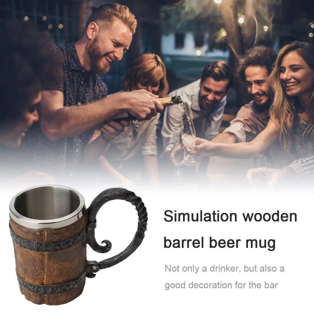 

550ml Tumbler Beer Mug Simulation Crude Wood Mug Double Wall Insulated Beer Cup Wine Tumbler Big Drinking Mug