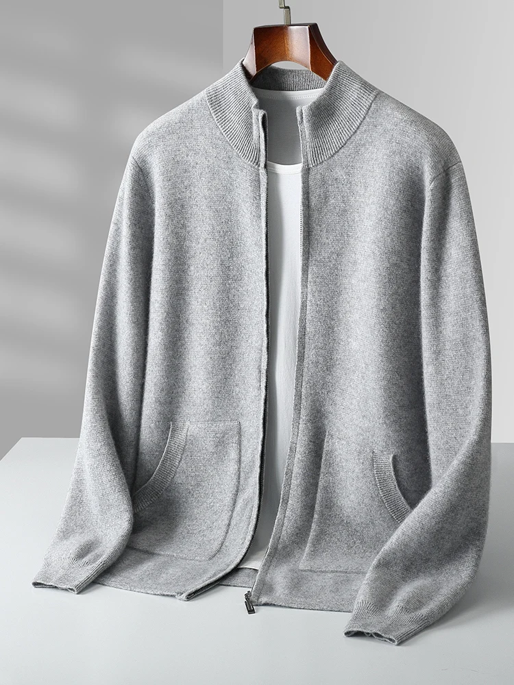 Осенне-зимний мужской кардиган на молнии трикотажный свитер из 100% мериносовой