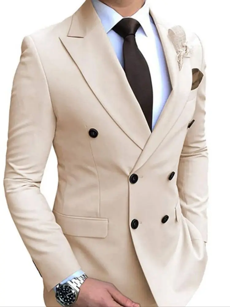 2 Pieces Beige/Blue/White/Black Double Breasted Business Blazer Slim Fit Casual GroomTuxedos For Men Wedding Suit
