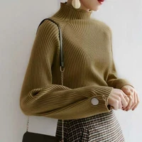 women soft elastic solid color pullover button full sleeve tops autumn and winter half high collar knitted sweater female jumper