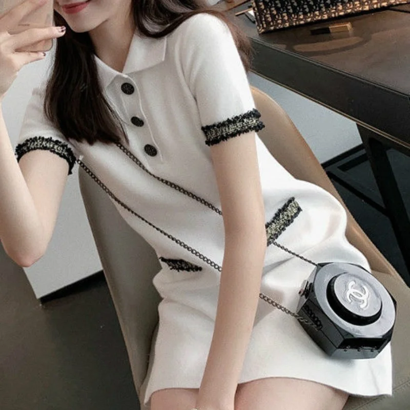 

Elegant Fashion Summer Korean White Dresses for Women Lace Patchwork Striped Short Sleeve Polo Dress Button Up Simple Clothes