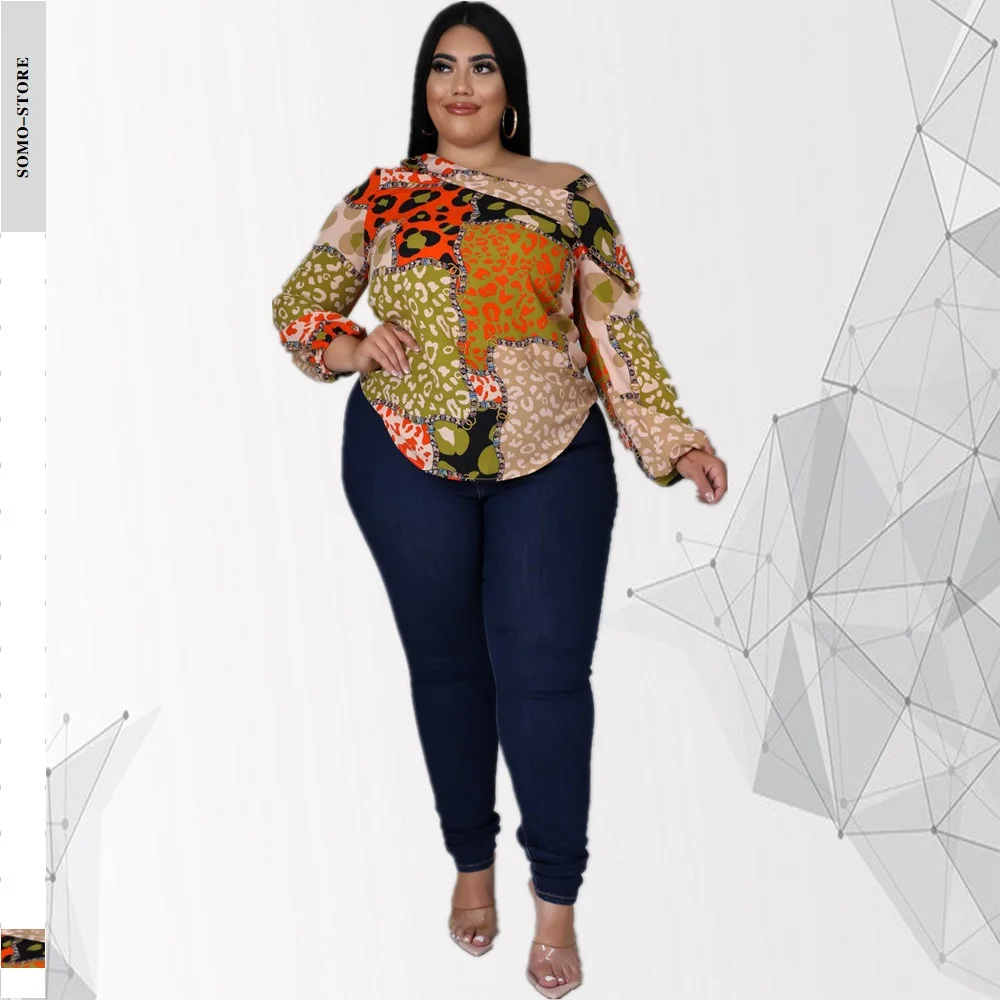 

L-4xl Spring And Summer 2022 Elegant Fashion Plus Size Tops Printed Long Sleeve Sexy Off Shoulder Women T Shirt Wholesale